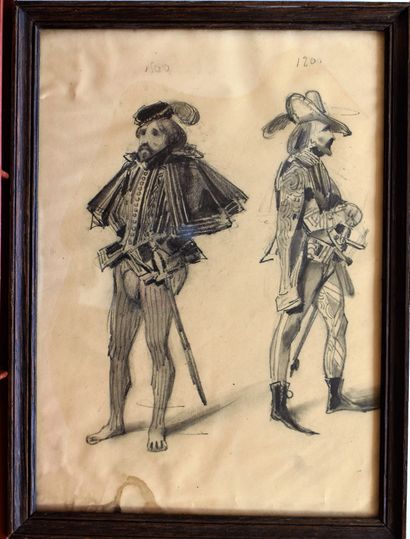 null Attribué à Eugène DEVERIA : Etude pour deux costumes. Crayon noir (traces d’humidité)....