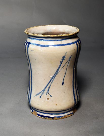 null SMALL ALBARELLO in Nevers earthenware decorated in blue monochrome of a landscape...