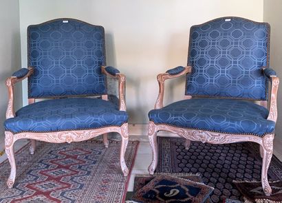 null 
Pair of Louis XV style flat back armchairs with carved and ceruse wood upholstery....