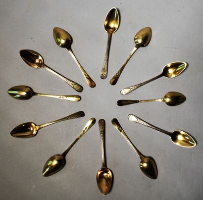 null TWELVE vermeil mocha spoons with dotted decoration. Goldsmith D. Paris, 1809-1819....