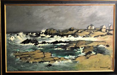  Robert HUMBLOT (1907-1962) : Bord de mer par tempête. Huile sur toile signée en...
