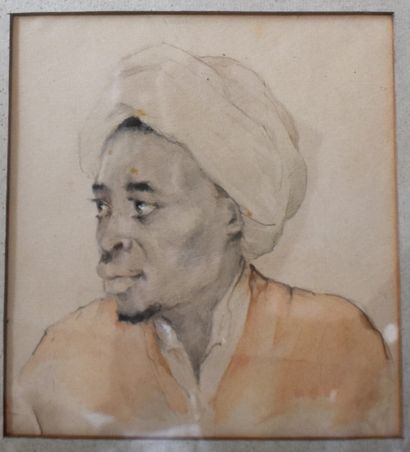 null 20th century FRENCH SCHOOL: Head of a black man with a turban. Watercolor (traces...