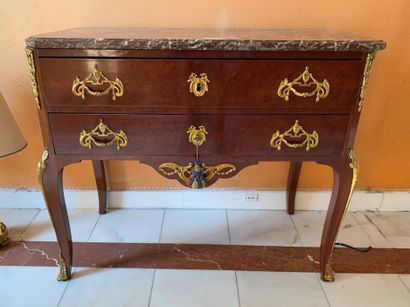 null 
Veneered chest of drawers with two drawers, cambered legs, bronze ornaments....
