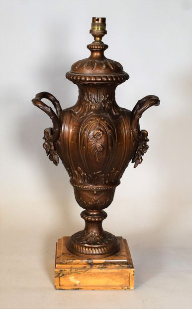 null VASE in regula with two handles, mounted in lamp. Yellow marble base. Height...
