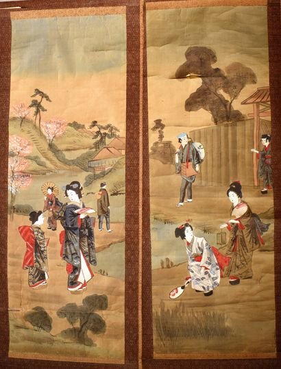 null JAPAN, Meiji period : TWO KAKEMONOS decorated with young women in landscapes...