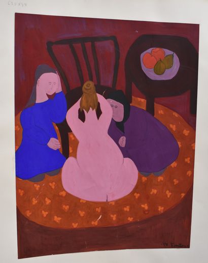 null GOUACHE: Three seated women. Signed lower right M. FONTOS (?), dated 66. Height...