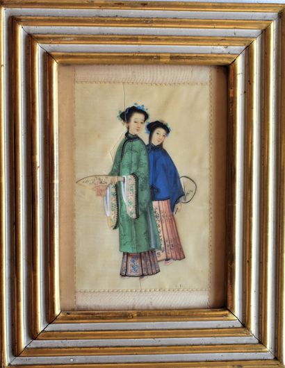 null SIX PAINTINGS on rice paper (framed): People. Canton, late 19th century. Height...