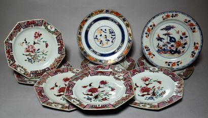 null CHINA, 18th century: EIGHT octagonal porcelain plates of the pink family decorated...