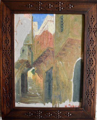 null Henri FABRE (1880-1950) : Rue en Afrique du Nord. Panneau signé en bas à droite....
