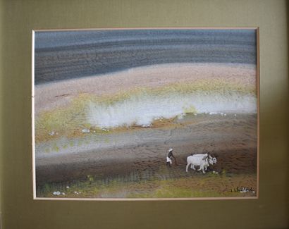 null CONTEMPORARY SCHOOL: Ploughing scene. Gouache and pastel. Signed lower right...