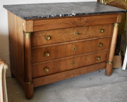 null Walnut chest of drawers with detached columns, top in Saint Anne marble, Empire...
