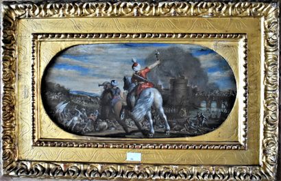 null ECOLE FRANCAISE du XIXe siècle : Scène de bataille aux cavaliers turcs. Panneau...
