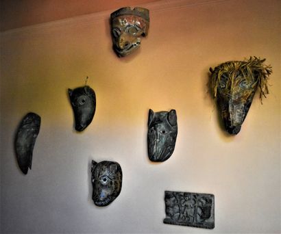 LOT OF SIX MASKS and ONE BASRELIEF in painted...