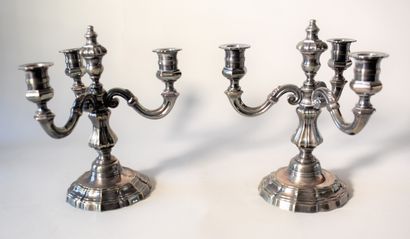 null Pair of three-light silver-plated bronze table stoppers, bases with moulded...