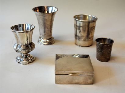 null TWO TIMBALS, SMALL VASE, LIQUEUR GOBELET and CIGARETTE BOX in Austrian silver....