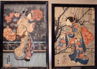 null 
JAPON : DEUX ESTAMPES en couleurs, Femme au cerisier - Femme sur une terrasse....