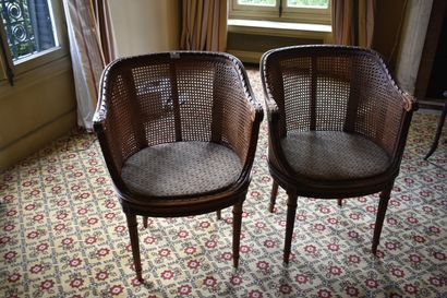 null PAIRE de FAUTEUILS de bureau en bois teinté à double cannage, pieds fuselés...