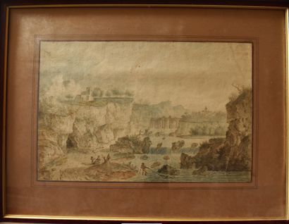 null FRENCH SCHOOL of the end of the 18th century: River landscape with a fisherman...