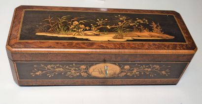 null Glove box in marquetry with frogs in a pond. Height 10,5 - Length 33 - Depth...