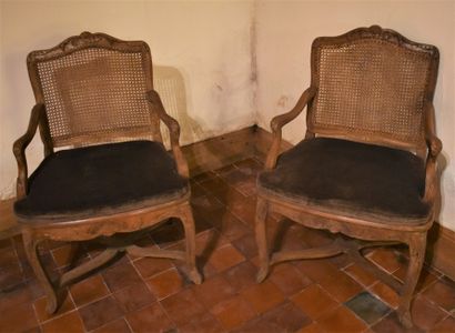 null PAIR OF CANNED ARMCHAIRS in molded and carved natural wood with foliage and...
