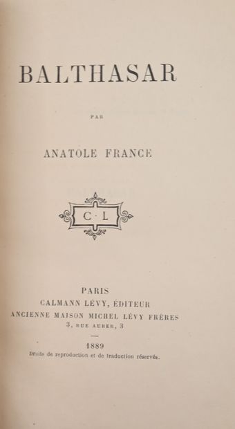 null FRANCE (A.). Balthasar. P., Calmann Lévy, 1889. In-12, maroq. blue jans, calf...