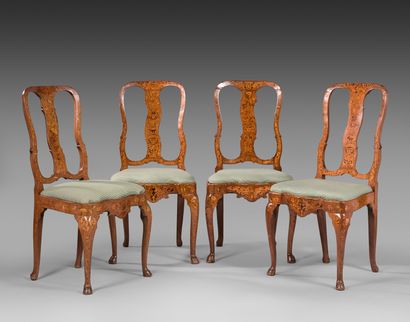 null Suite of four chairs with frame in fruitwood and oak with inlaid decoration...
