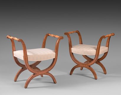 Pair of X-shaped stools with high maple and...