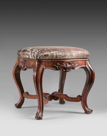 Square stool in stained wood with mouldings,...