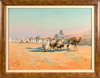 null Marius HUBERT-ROBERT (1885-1966)

Un mariage au désert

Huile sur toile signée...