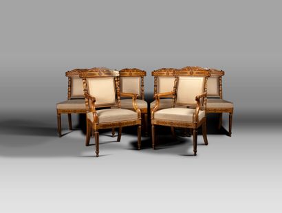 null Light wood veneered salon furniture inlaid with amaranth motifs, colonette backs...