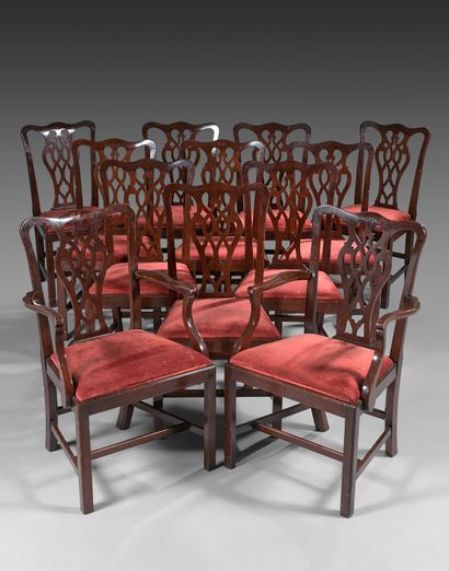 null Mahogany dining room furniture, with frame; backrest with openwork baluster....