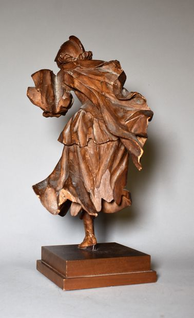 null A carved wooden STATUTE representing a dancing muse (accidents and missing parts)....