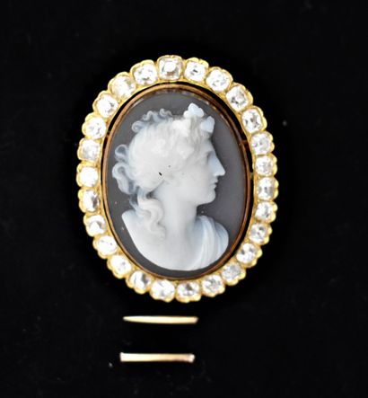 null Gold pin set with a carnelian cameo with a woman's profile (debris). Gross weight...
