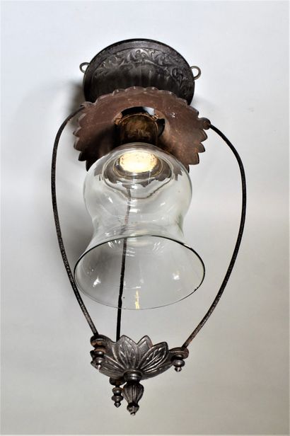 null Ovoid LANTERN with cast iron chains, with glass (composite assembly). Height...