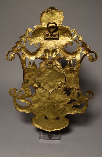 null An openwork patinated bronze BENITIER decorated with cherubs and shells. In...