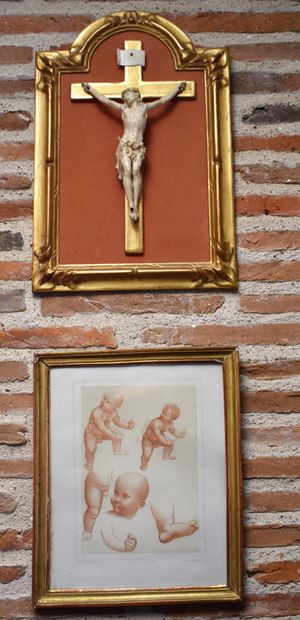 null CRUCIFIX in a gilded frame (Height 41 - Width 28 cm) and REPRODUCTION Leonardo...