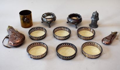 null METAL LOT: PAIR OF ROUND SALONS, SIX GLASS BASE, ONE PEARL SAUPOUDREUSE, TWO...