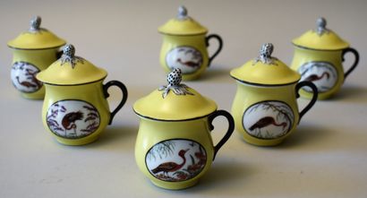 null PARIS : SIX POTS OF CREAM in yellow porcelain with polychrome decoration of...