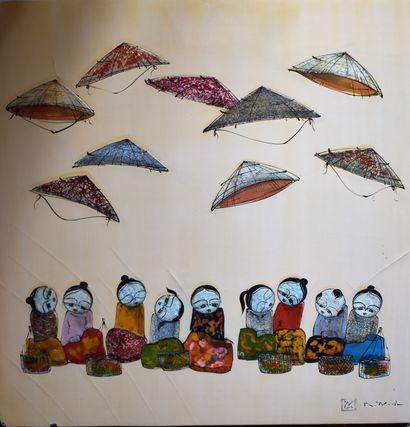 null CONTEMPORARY SCHOOL: Characters and hats. Lacquer panel. Height 60 - Width 60...