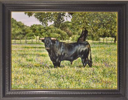 null Romero LAZA (XXth century): The bull. Panel signed lower right. Height 46 -...