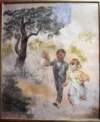 null FRENCH SCHOOL of the XXth century: Two children with a tree. Canvas. Height...