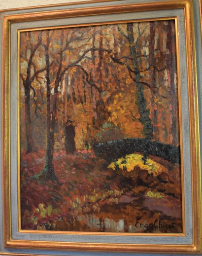 null Eugène CHIGOT (1860-1923): Walker in the forest. Panel signed lower right. Height...