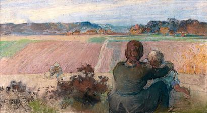 LEPÈRE (A.) Femme et enfant dans un paysage. Pastel. Collection G. Petitdidier. (Dim:...