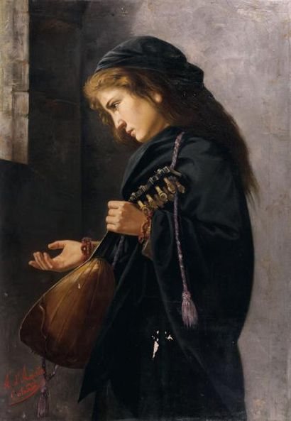Angelo d'AGATA (né à Catania, Sicile, en 1842) La Joueuse de mandoline Huile sur...