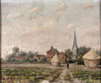Louis Lucien SCHMIDT (1825-1891) Paysage aux meules et au clocher Huile sur toile...