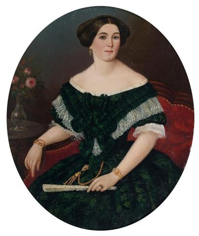F. de KORFF (XIXe siècle) Portrait de femme en robe de dentelle noire, tenant un...