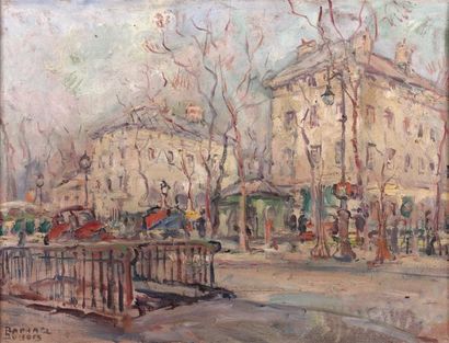 Raphaël DUBOIS (né en 1888) Place animée à Bruxelles Toile signée en bas à gauche....