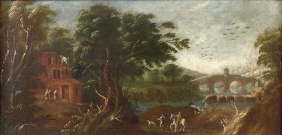 École italienne vers 1700 Berger et cavalier dans un paysage fluvial Toile. Haut....