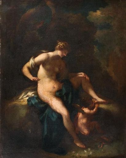 Michele ROCCA (1670-1751) Vénus et l'Amour Toile. Restaurations anciennes Haut. 61...