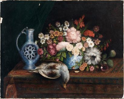 Auguste TRUELLE (1818-1908) Nature morte de fleurs, pichet et perdreau sur un entablement...